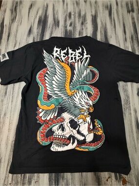 Rebel Vengeance Black Short Sleeve Tee with Eagle, Snake & Skull Graphic New!